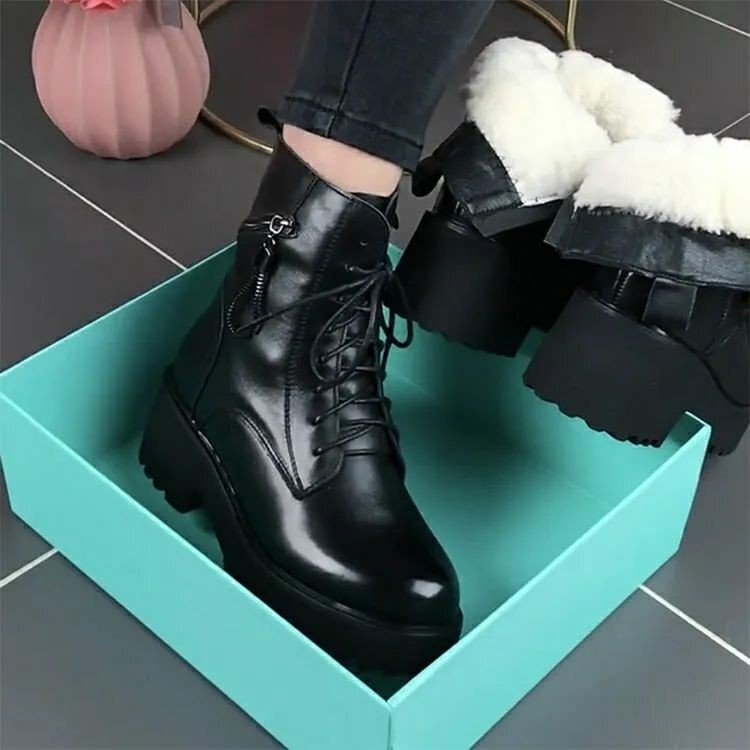 2024 New Thick-soled Thick-heeled Martin Boots Lace-up fleece-lined Non-slip British-style Ankle Boots Women's All-match Soft Leather Cotton Boots