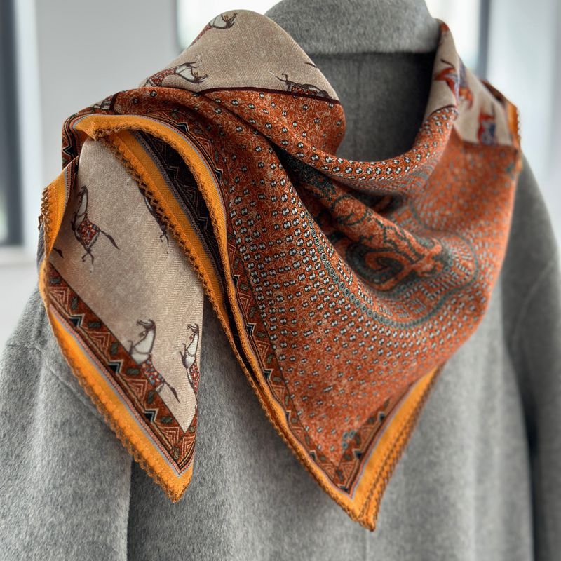 French Pony Totem Orange Silk Cashmere Scarf Multi-Purpose Small Square Scarf High-End Gift Mother Silk Scarf for Women