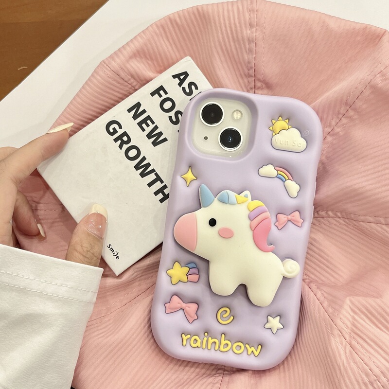 Three-Dimensional Cartoon Purple Bottom Unicorn Telescopic Bracket Suitable for Apple 16 Mobile Phone Case Iphone15/14/13 Silicone