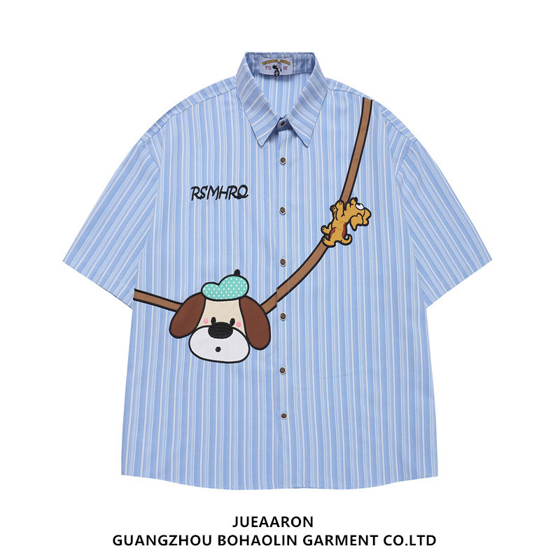 JueAaron Japanese Style Trendy Brand Puppy Embroidered Vertical Stripe Short Sleeve Shirt Loose Lazy Style Casual Couple Shirt