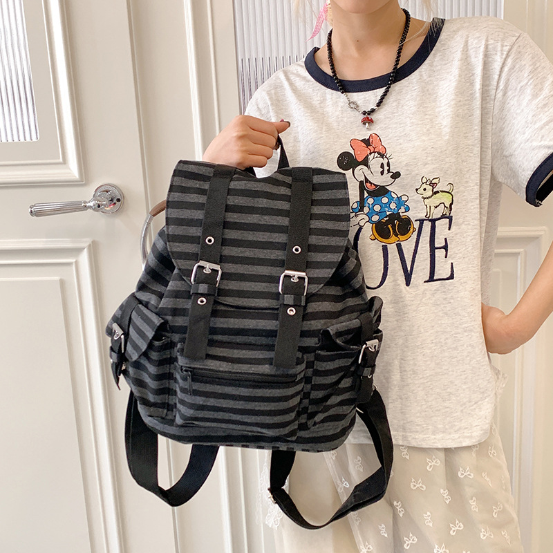 Cross-Border Striped Backpack for Women 2025 New Work Commute Versatile Canvas School Bag College Student Class Backpack Trendy