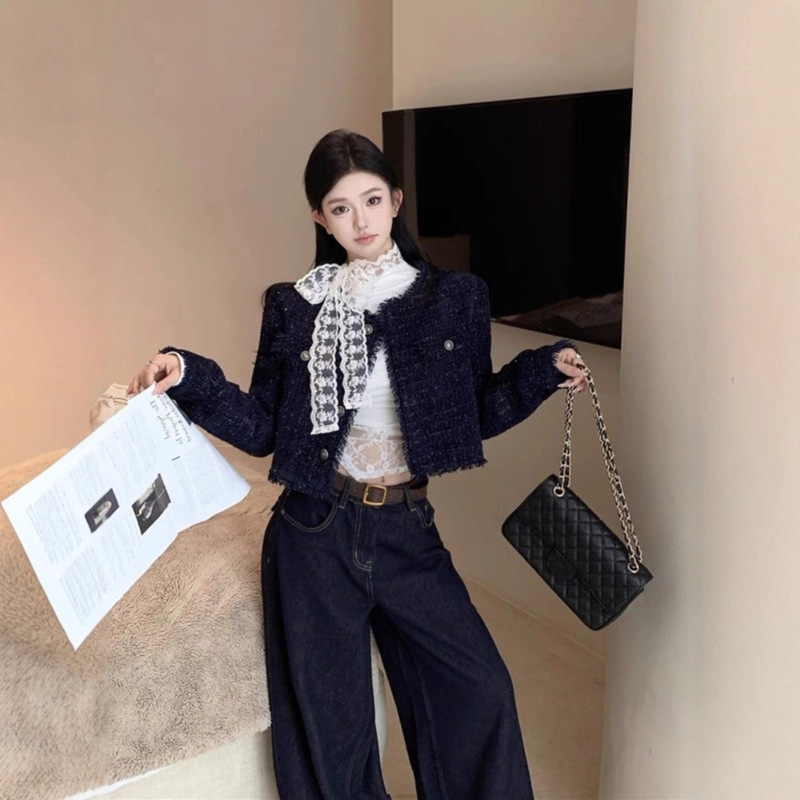 [Three-Piece Suit] Autumn and Winter New Style Small Fragrance High-End Short Jacket Lace T-Shirt Top Jeans