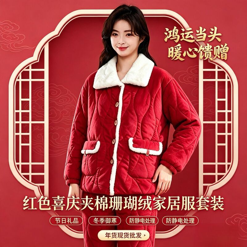 Autumn and winter color-blocked plush collar three-layer quilted women's home suit, thickened, with a turn-down collar, suitable for outdoor wear, warm pajamas (red)