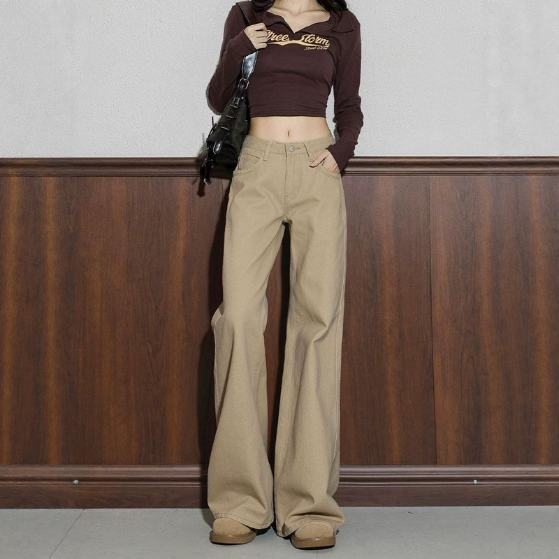 Khaki low-waist, non-tight-fitting, slightly flared jeans, straight-leg women's autumn loose denim bell-bottom pants, slimming pants for women Khaki low-waist, non-tight-fitting, slightly flared jeans, straight-leg women's autumn loose denim bell-bottom pants, slimming pants for women