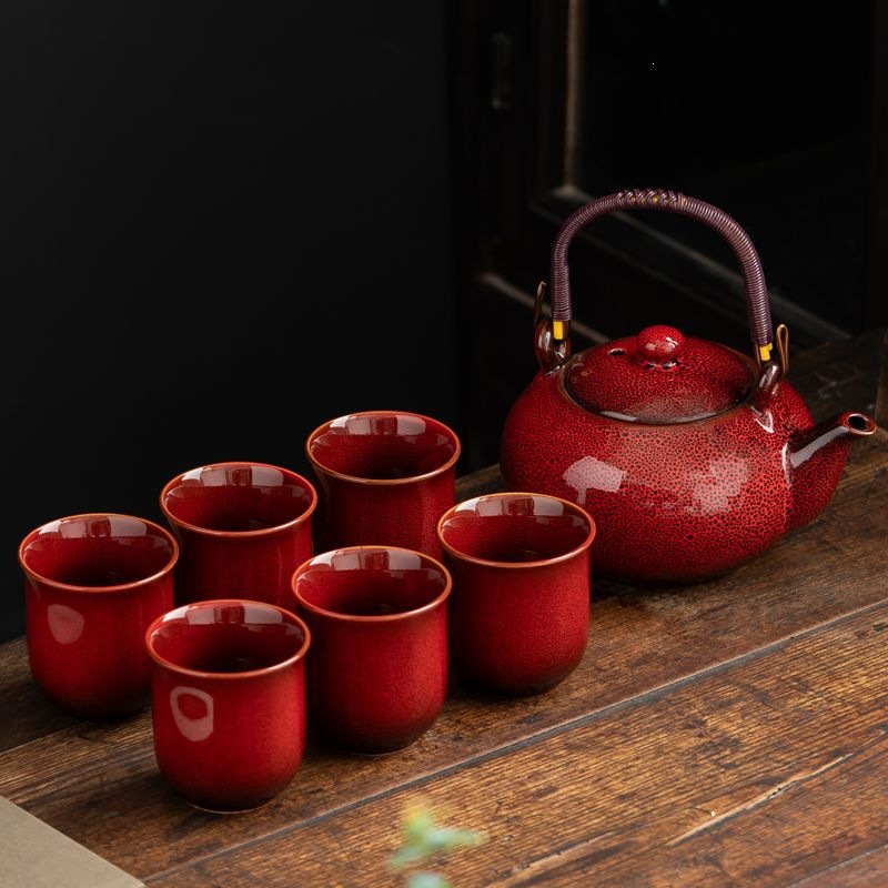 horno de alambre de dibujo de cerámica conjunto de tetera de té de siete cabezas tetera de viga doméstica sala de estar kung fu tetera de té de gran capacidad