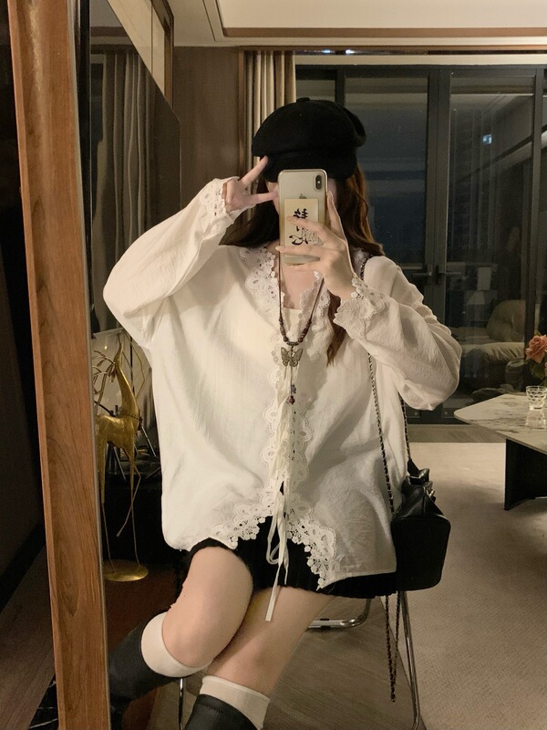大码设计感白色蕾丝长袖衬衫女装胖MM慵懒风衬衣甜美宽松上衣|undefined