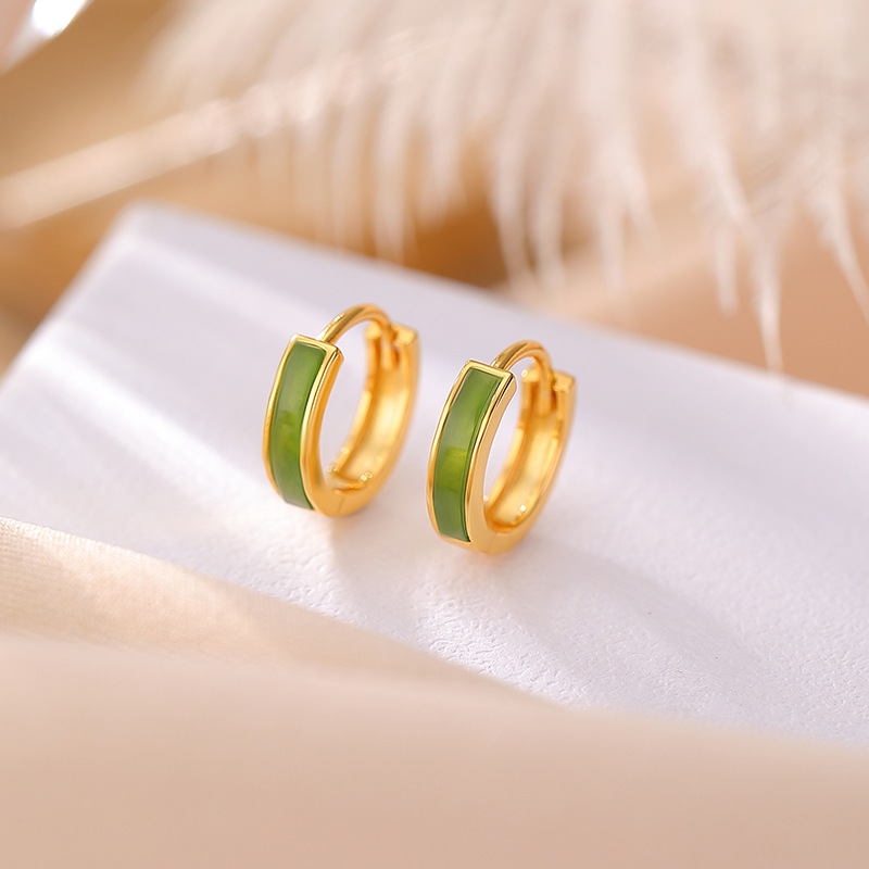 Bông tai ngọc bích Hetian tự nhiên bạc S925 mặt đá Jasper hình ống cong kiểu dáng giản dị — Mẫu bạc