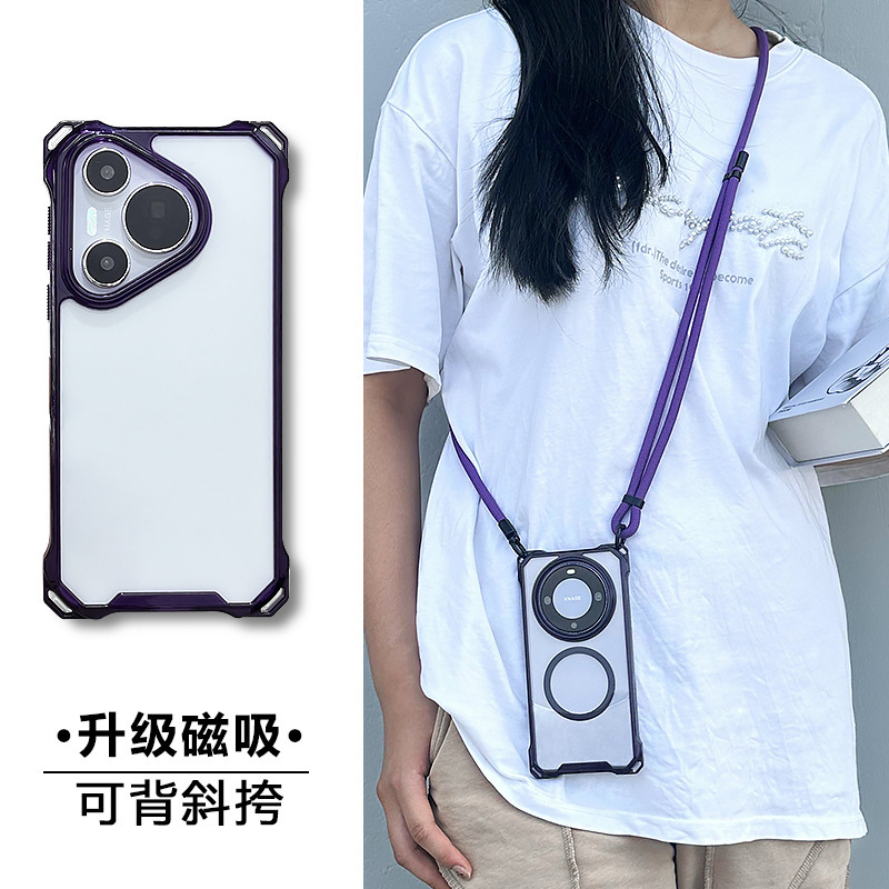 For Apple 16pro Mobile Phone Case Crossbody Huawei P70 Purple Climbing Rope 15 Magnetic Mate 60 Airbag Samsung