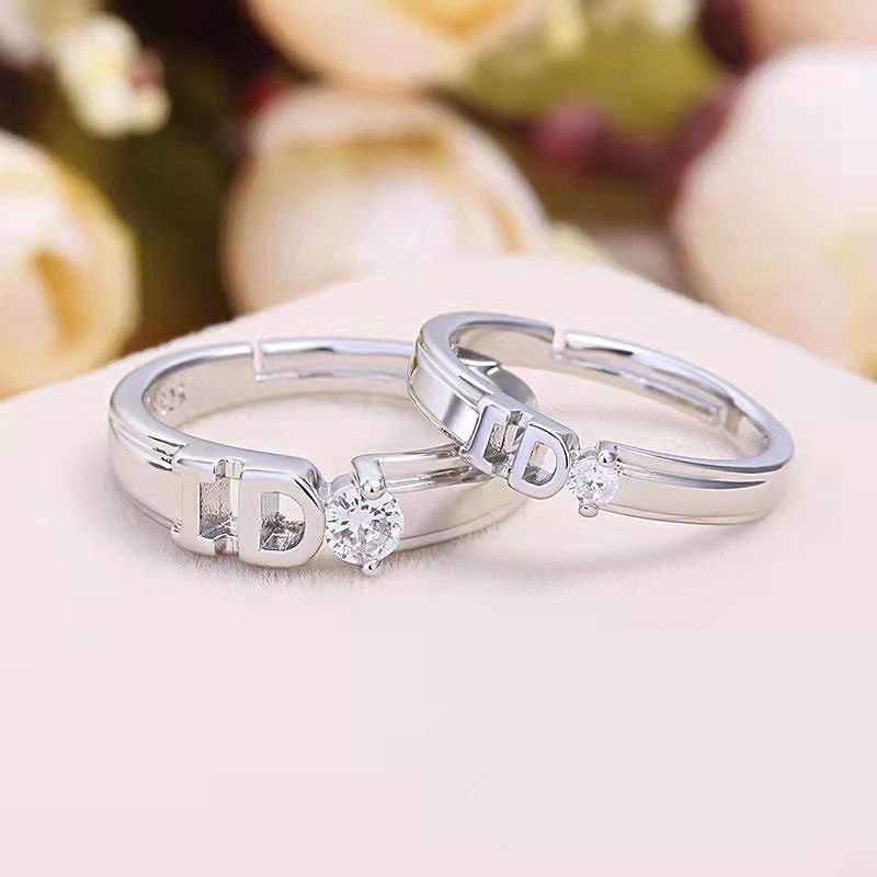 跨境直供S925純銀ID字母開口戒情侶戒指男女表白活口對戒網紅直播