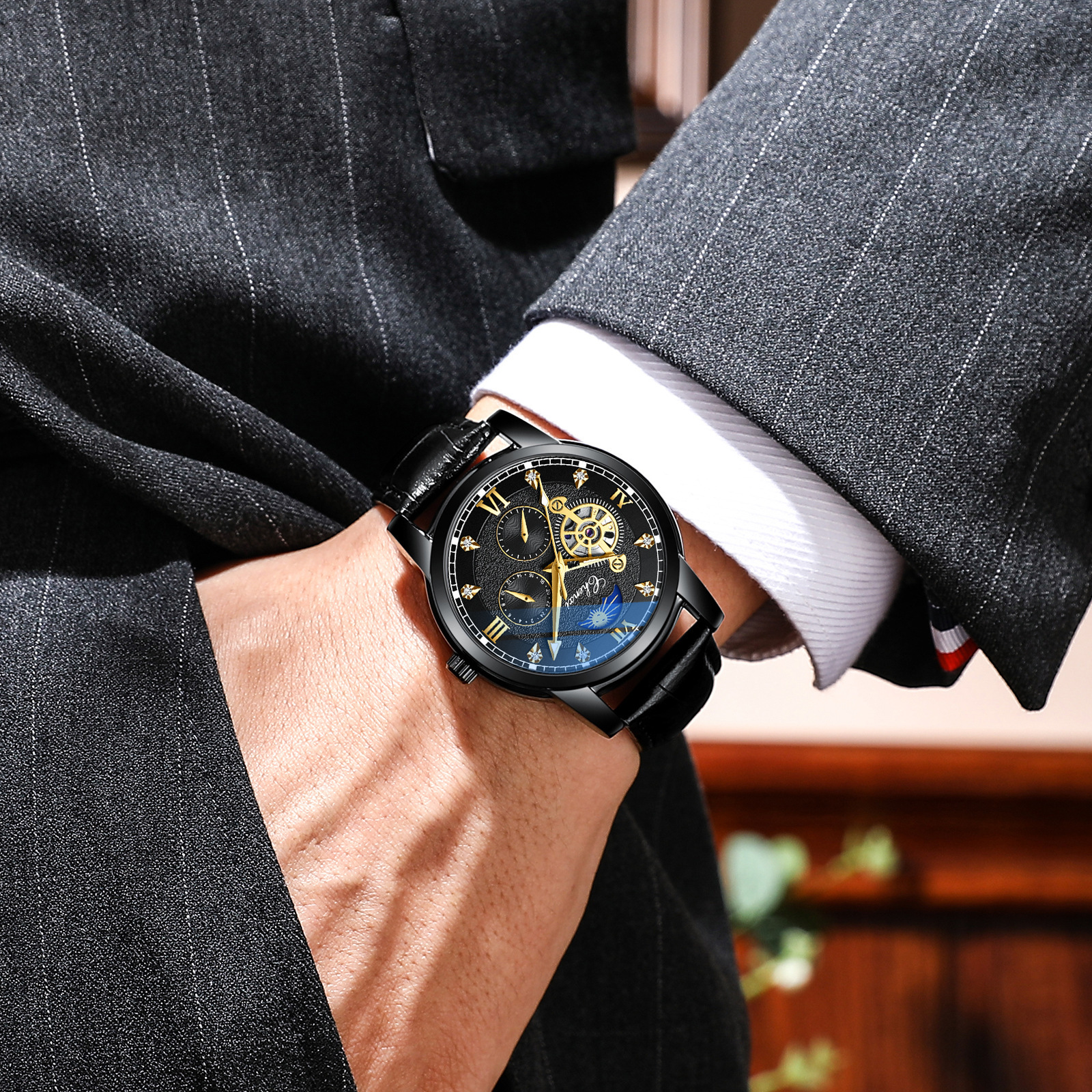 Chenxi negocio hueco reloj mecánico automático de los hombres de la luna correa de cuero impermeable reloj luminoso moda transparente inferior