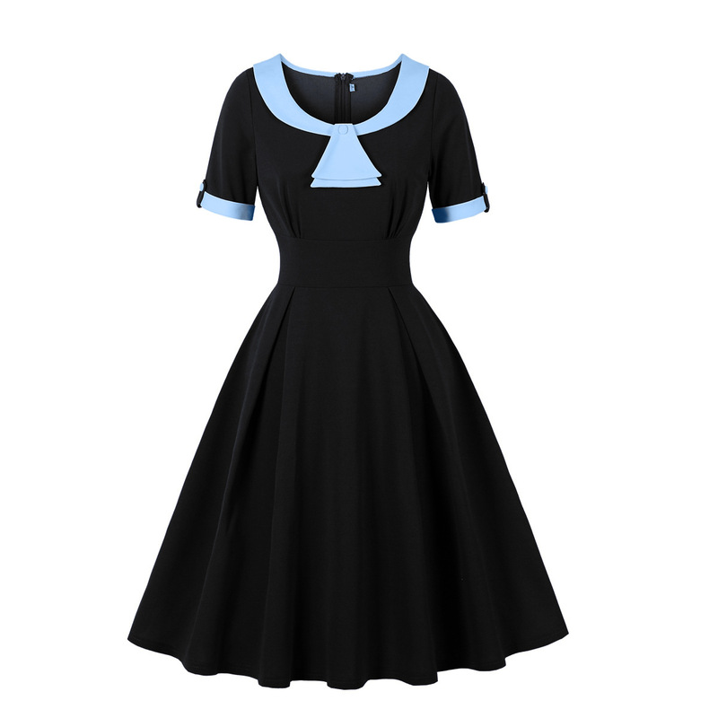 European and American Cross-Border Women's Retro High-End Contrasting Color Dress Preppy Style Waist Large Skirt with Tie 10181 European and American Cross-Border Women's Retro High-End Contrasting Color Dress Preppy Style Waist Large Skirt with Tie 10181