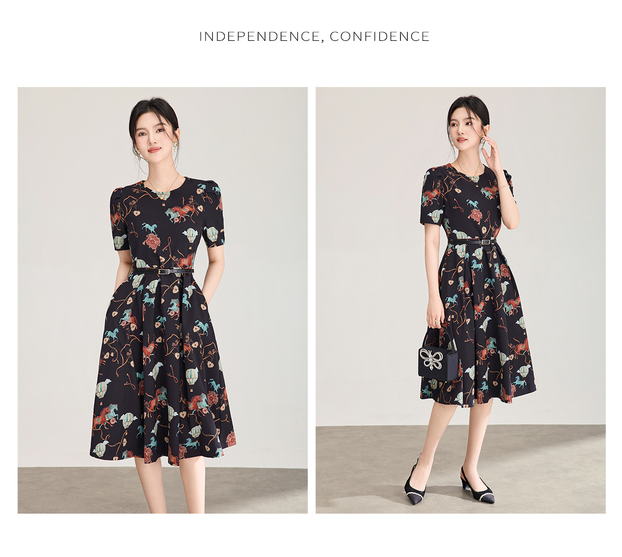 Đầm chữ A tay ngắn in họa tiết chiffon mùa hè — màu đen chi tiết 13