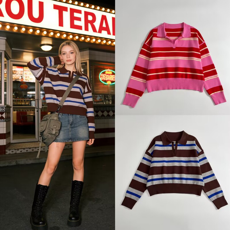 Za Women's Clothing Wholesale 2026 New Products Foreign Trade European and American Style Fashionable Versatile Long-Sleeved Striped Knitted Polo Shirt Knitwear