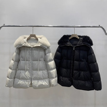秋冬新款欧货滩羊毛鹅绒服领A字版可收腰短款女款羽绒服320