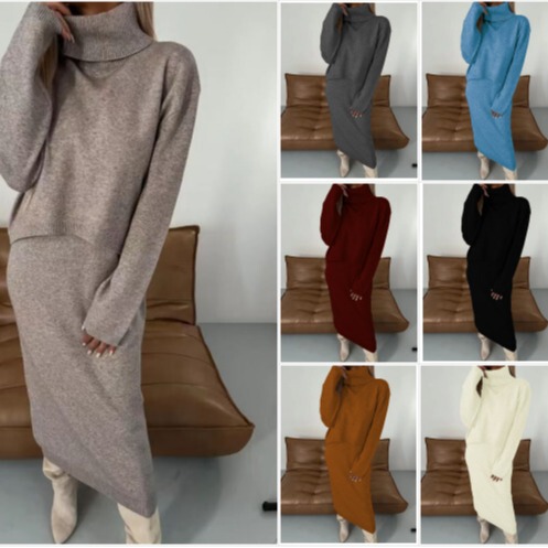 Amazon autumn and winter sweater dress turtleneck lengthened sweater dress two-piece set solid color knitted dress