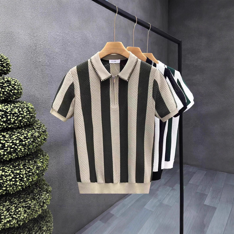 Half-Zip Lapel Shirt Short-Sleeved Men's Retro Hollow Sweater Trendy Brand Paul Shirt Royal Blue