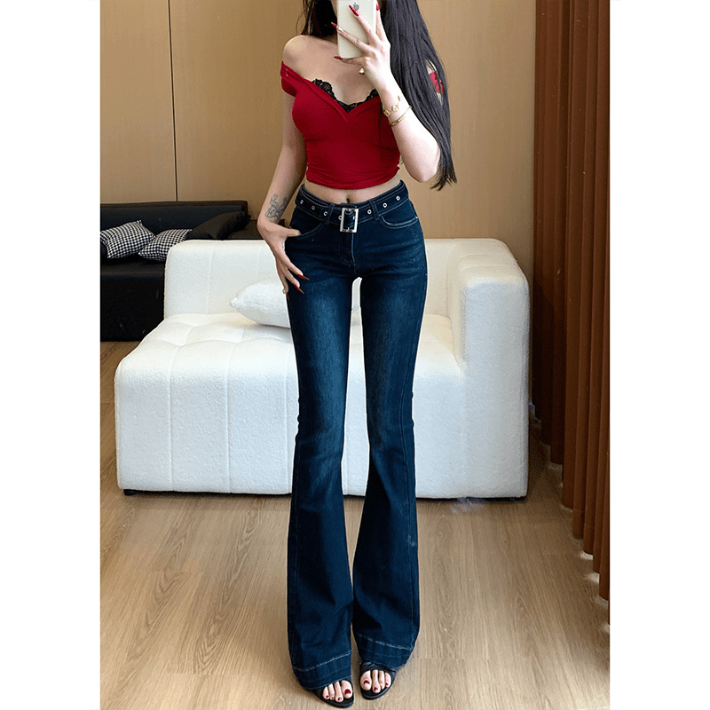 American Retro Dark Blue Denim Flared Pants Set 2024 Autumn and Winter Spicy Girl Tight High-Waisted Cigarette Pants Long Pants
