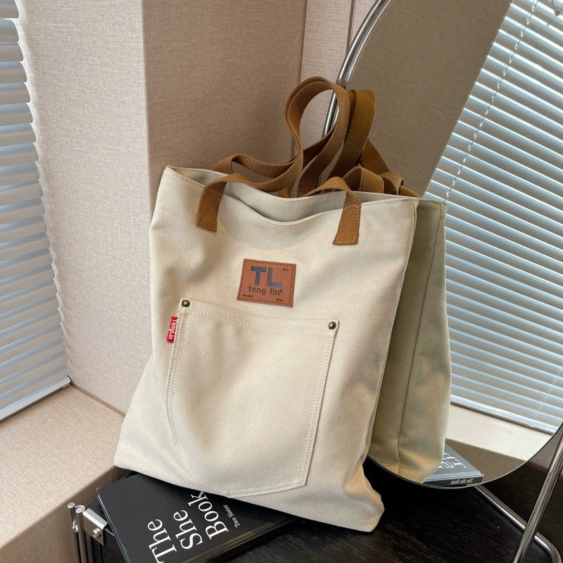 Емкая сумка через плечо из льна - модная Tote в черном, синем, хаки, слоновая кость