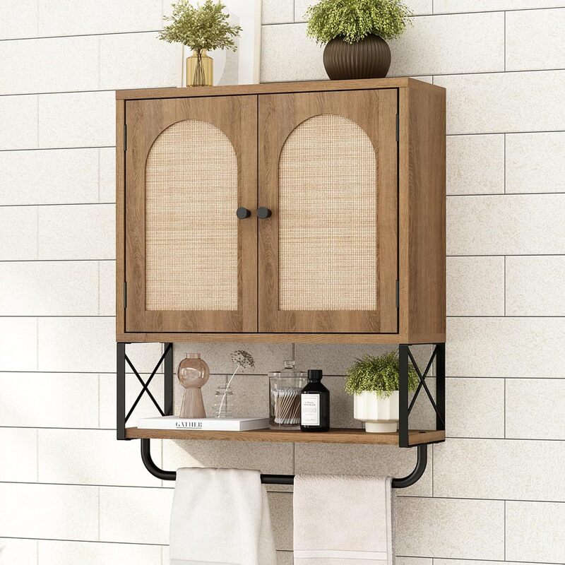 Foreign Trade Cross-Border Amazon Rattan Bathroom Wall Cabinet Arched Rattan Door Bohemian Toilet Storage Cabinet Modern Medicine Cabinet