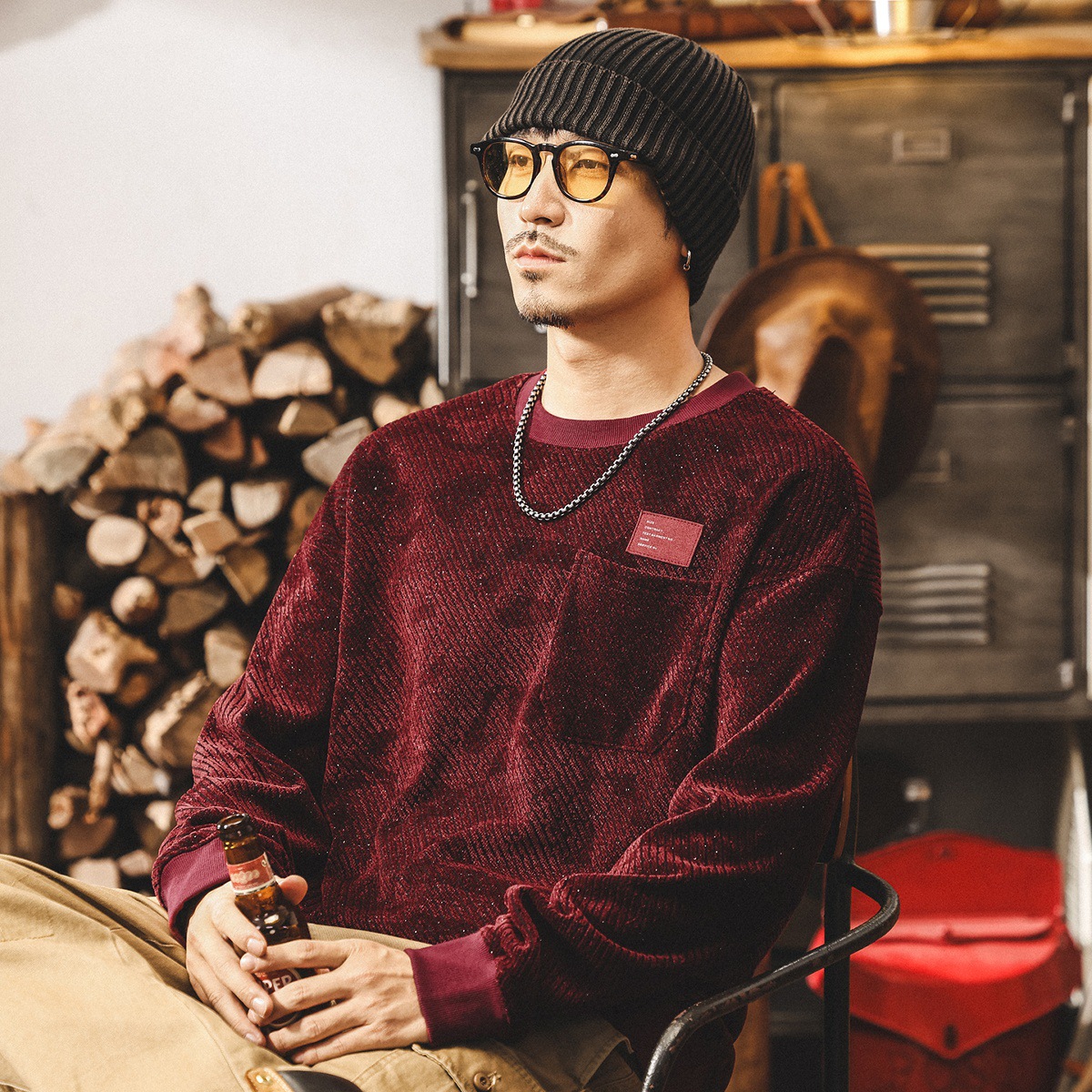 Felpa da uomo American Retro Heavy Texture, nuova collezione 2025 di un marchio di tendenza, vestibilità ampia, taglie forti, primavera e autunno._voghion.com