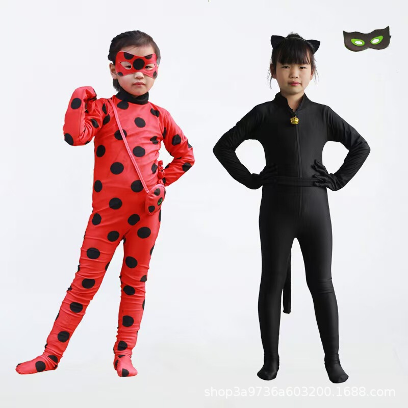 瓢虫少女衣服雷迪cos服装成人儿童黑猫瓢虫角色扮演假发腰包眼罩|undefined
