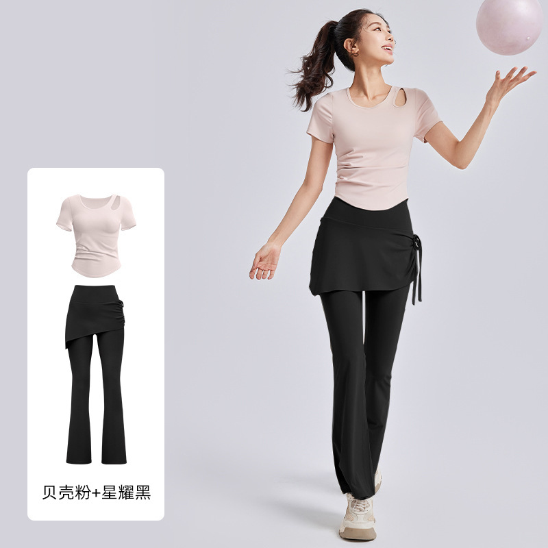 Juyitang Ropa de yoga hueca Camisa deportiva delgada de manga corta para mujer Traje de fitness de Pilates de entrenamiento para correr