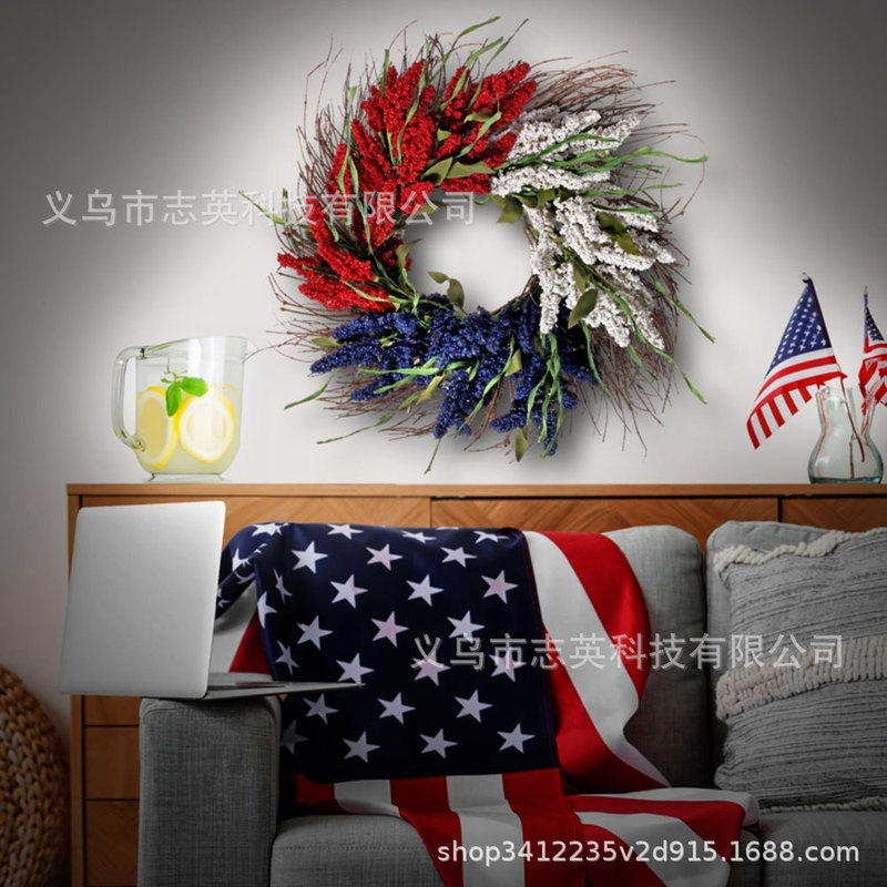 2025 Independence Day Garland Flag Front Door Hanging Door Hanging Summer Red White Blue Rice Ear Garland Home Decoration Wall Hanging