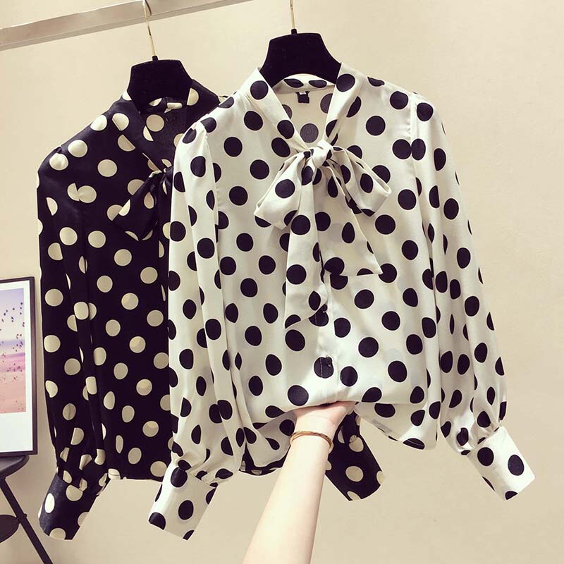 Polka Dot Chiffon Shirt for Women 2025 Early Spring Retro Girl Long-Sleeved Lace-Up Lazy Style Loose Hong Kong Style Elegant Top