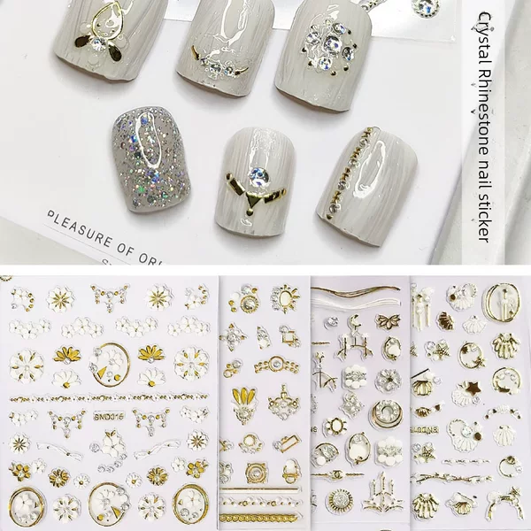 Cross-Border 5D Embossed Pearl Glitter Nail Stickers, Gold Foil Stickers, Star Adhesive 3D Nail Stickers, Popular on Instagram