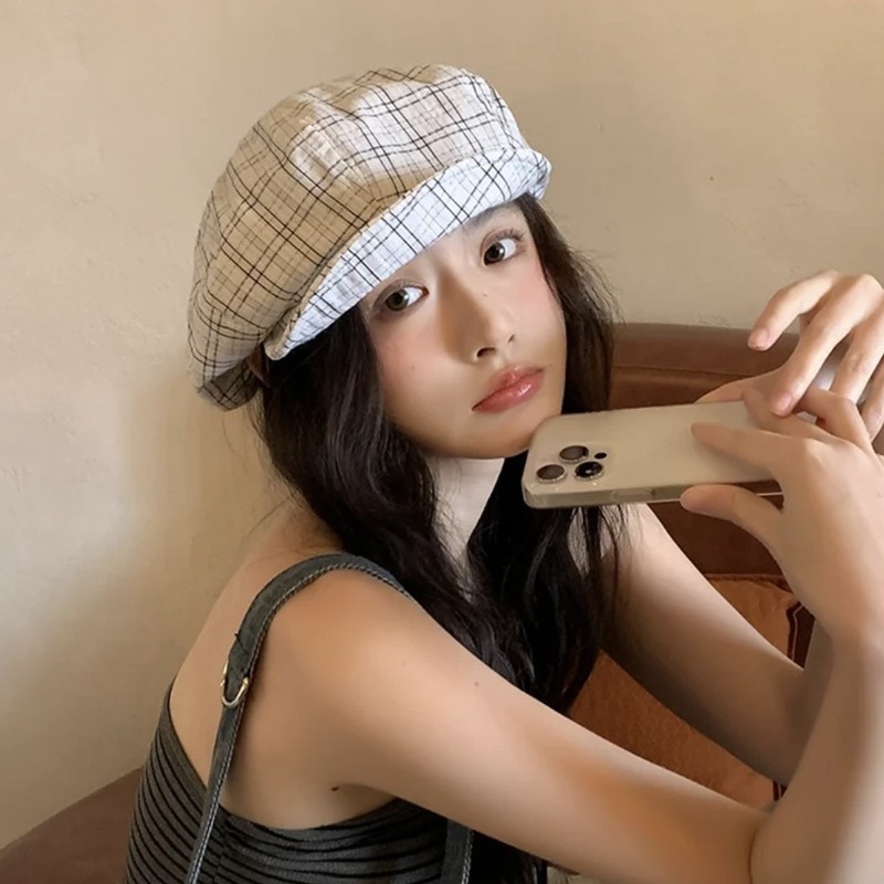 新しい韓国風チェック柄ベレー帽女性用春と夏の森スタイル文学多用途キャスケットハット顔が見える小さな八角形帽子画家の帽子|undefined