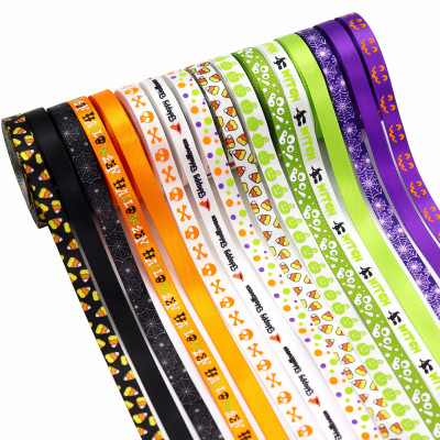 跨境专供 1cm万圣丝带氛围装饰织带万圣节DIY蝴蝶结缎带礼盒包装|ru