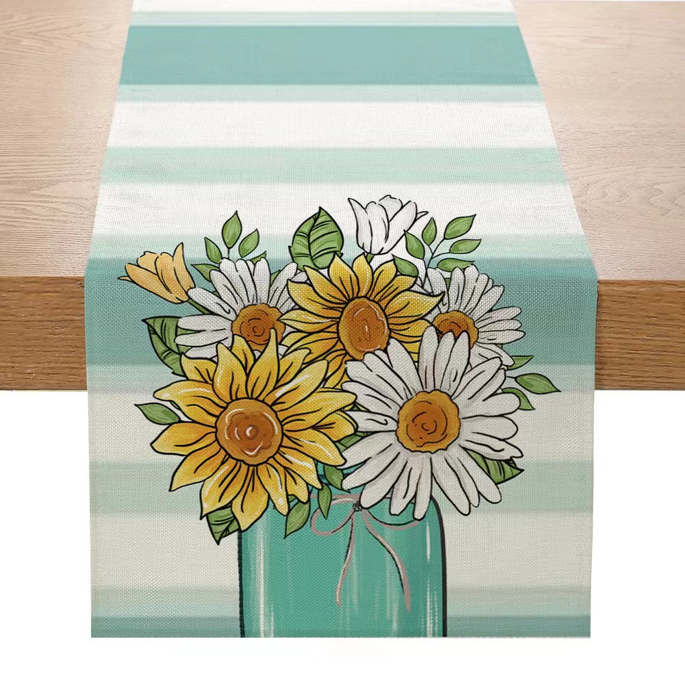 Transfronteriza nuevo Lino impreso corredor de mesa Simple planta verde Margarita serie Amazon hogar Decoración mantel