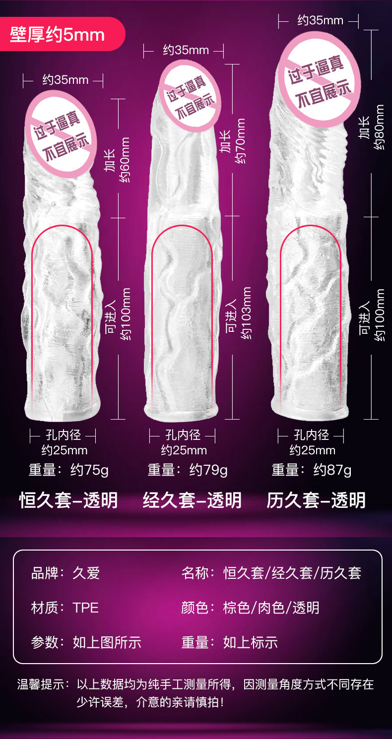 Hollow Penis Sleeve for Men, Textured Wolf Tooth Design, Transparent Crystal TPE — detail image 7