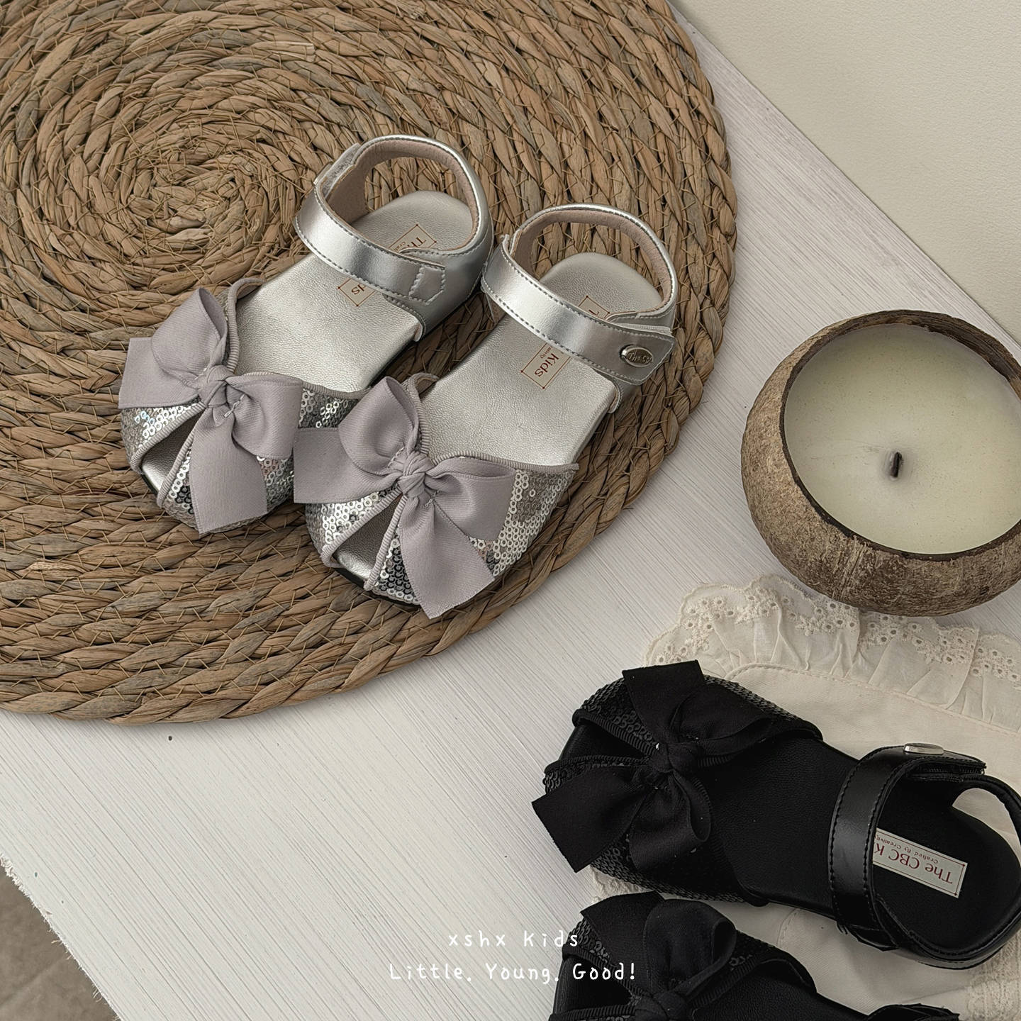 Xshx Southern French Style｜Girls' Fish Mouth Sandals with Silky Bowknot, Forest Style, Retro, Breathable, Spring/Summer, Rubber Sole
