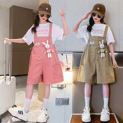 Ladie's Summer Set with Overalls 2024 New Fashionable Stylish Medium and Large Children's Half-Sleeve Short Shorts Two-Piece Set Trendy