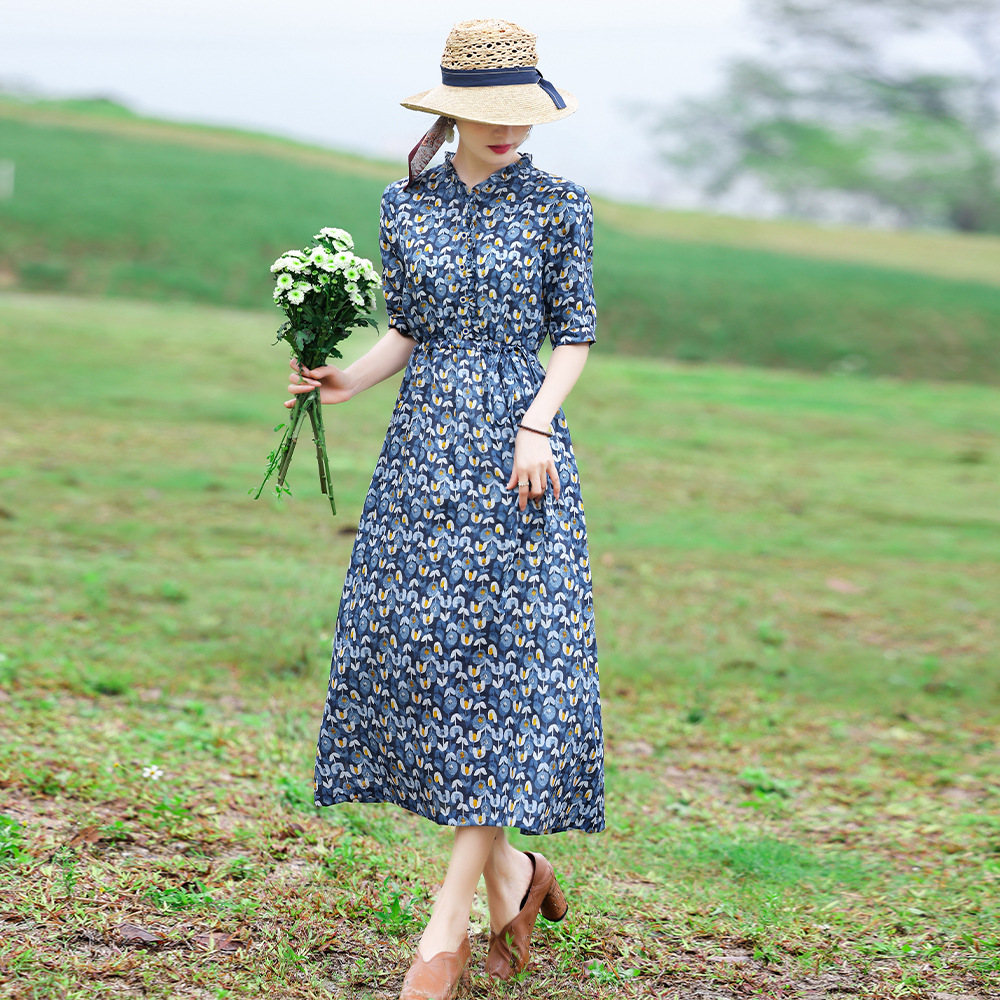 高端苎麻印花连衣裙夏季文艺棉麻女装复古花边中袖V领碎花A字长裙