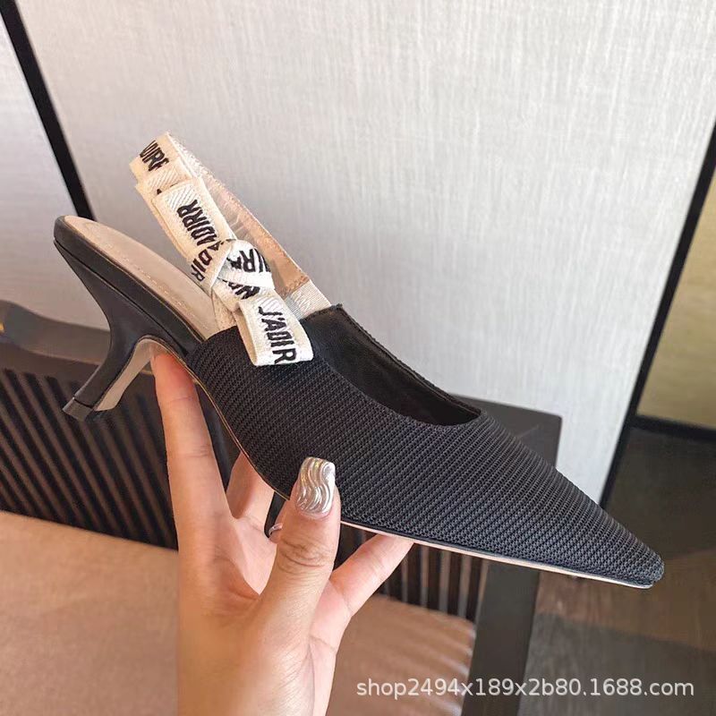 Sandalias de tacón bajo con lazo de letra Dijia, disponibles para envío transfronterizo, de punto a rayas, con punta en pico, sin espalda, para mujer