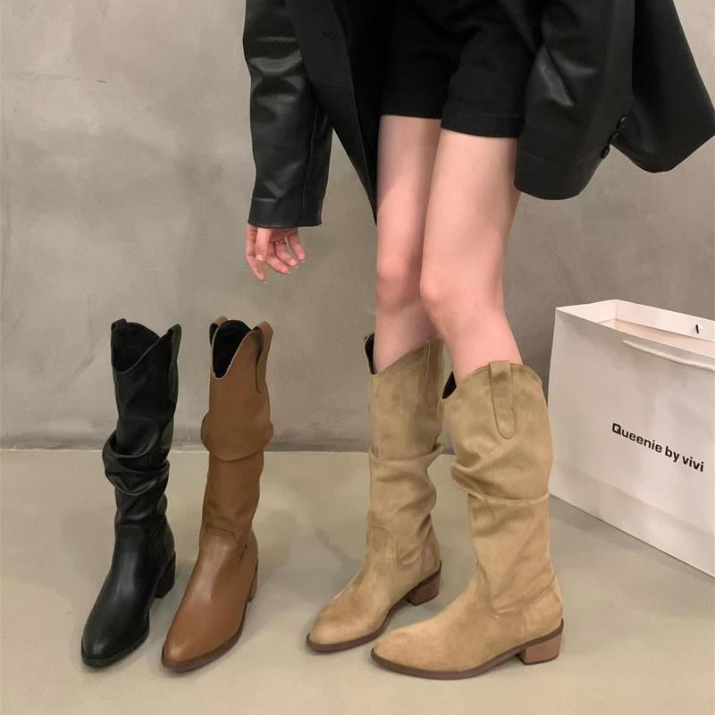 Chunky Heel Retro Brown V-Shaped Stacked Mid-Calf Boots for Women, 2026 Autumn Pointed Toe Western Long Boots, Stacked Boots