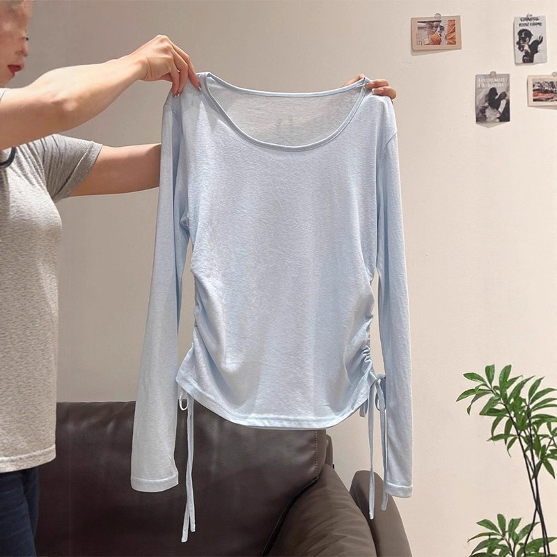 Designed Long-Sleeved T-Shirt for Women, Korean Style Pinch-Waist Pleated Lace-Up Thin Summer New Loose Slimming Look and Beautiful Top Designed Long-Sleeved T-Shirt for Women, Korean Style Pinch-Waist Pleated Lace-Up Thin Summer New Loose Slimming Look and Beautiful Top