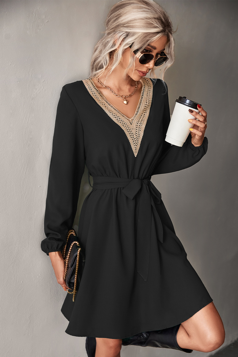 Women's A-line Skirt Fashion V Neck Patchwork Long Sleeve Solid Color Knee-length Daily display picture 5