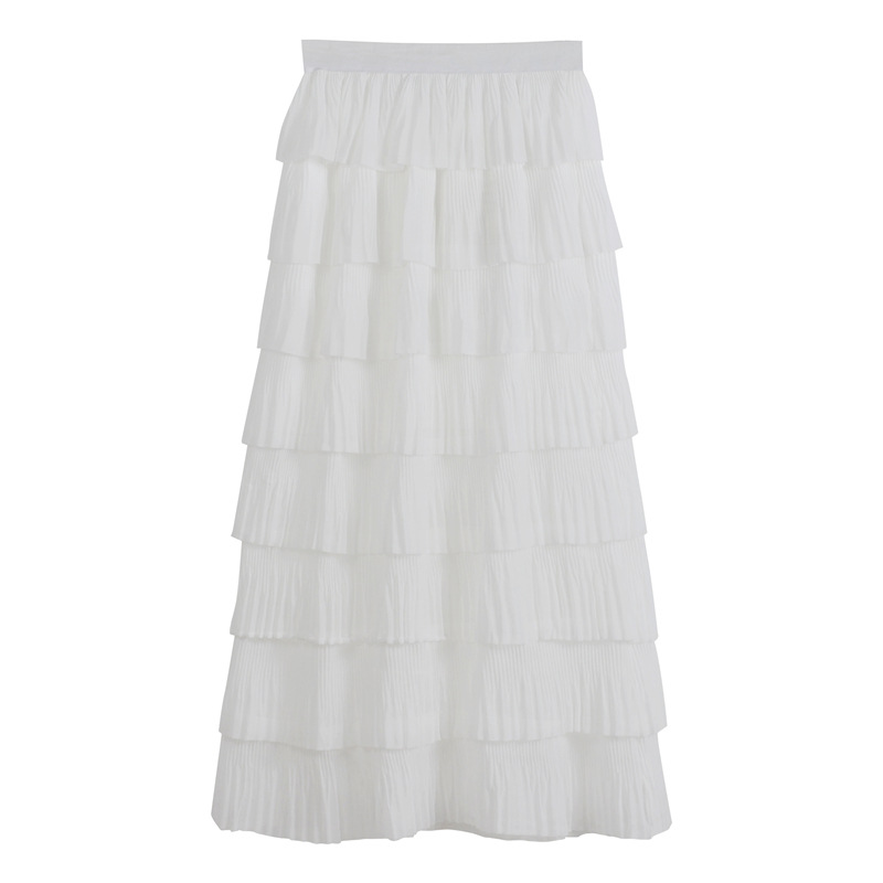cmei白色半身裙女2021春装新款百褶蛋糕裙中长款高腰显瘦雪纺长裙