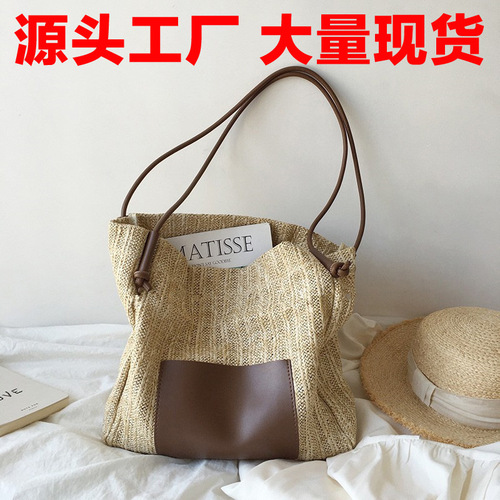 ins retro woven tote bag vacation style straw bag shoulder bag large capacity shopping bag beach bag mother bag