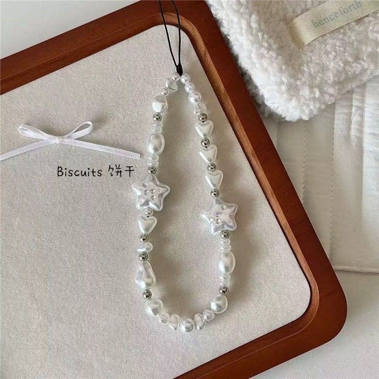White star pearl lanyard phone chain, beaded pendant, short style for CCD cameras.