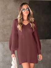Women's Plain Lantern Sleeve V Neck Sweater Dress, Casual