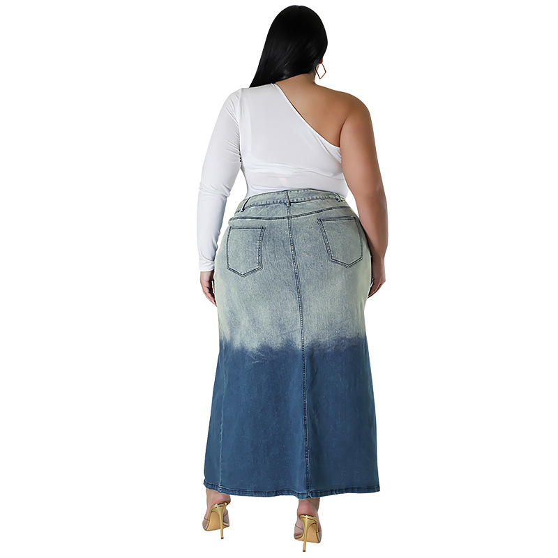 Plus size denim rok voor dames met split en gradient casual stijl_voghion.com