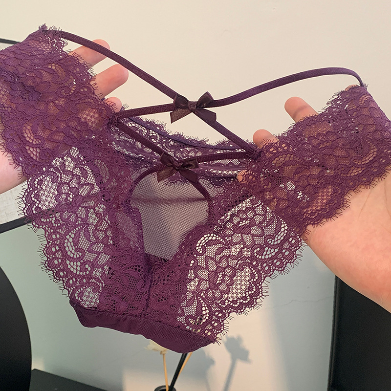 女性用の紫色のストラップ付きセクシーな下着、純粋な欲望のレース、フレンチメッシュ、快適でホットで魅力的な中空女性用ブリーフ