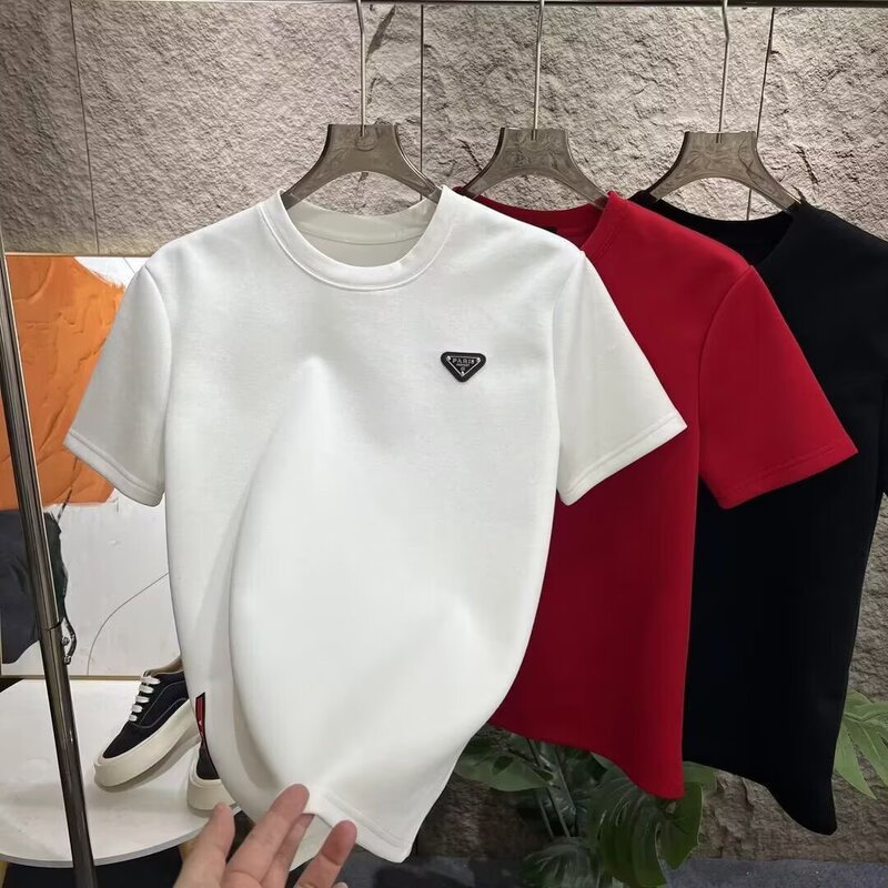 Men's Solona Short-Sleeved T-Shirt, Round Neck, Loose, Solid Color, Triangle Logo, Half-Sleeved Top, Summer Versatile Men's Clothing