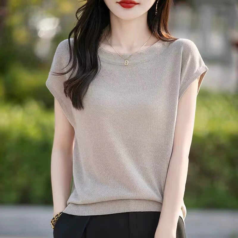 Новая летняя льняная трикотажная женская футболка с короткими рукавами и круглым вырезом из тенселя, тонкая простая свободная футболка для похудения