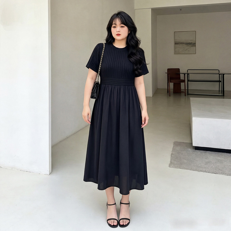 65-160kg Plus Size Women's Knitted Dress Summer Slimming Elastic Little Black Dress for Slightly Chubby Moms 65-160kg Plus Size Women's Knitted Dress Summer Slimming Elastic Little Black Dress for Slightly Chubby Moms