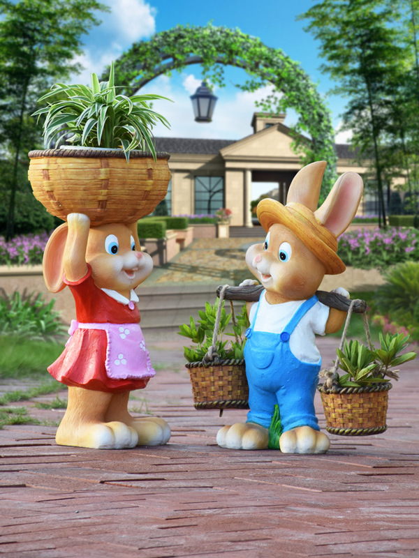 Landscape Sculpture Cartoon Rabbit Flower Tank Flower Pot Resin Creative Decoration Garden Courtyard Decoration Villa